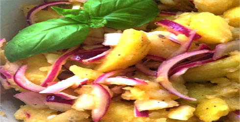 If you love salt and vinegar potato chips, you will be hooked on this potato salad from the first bite!  The Old Bay seasoning gives the dish a little kick.