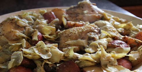 Chicken Vesuvio is a traditional Italian dish.  This stove-top braise is incredibly delicious, full of delicate flavors.