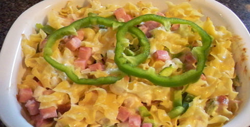 Ham and Cheese Noodle Casserole is super quick to make, the longest part is cooking the pasta.  Since you are using cooked ham, cooking time is cut to a mear 25 minutes, just enough to melt the cheese and heat through